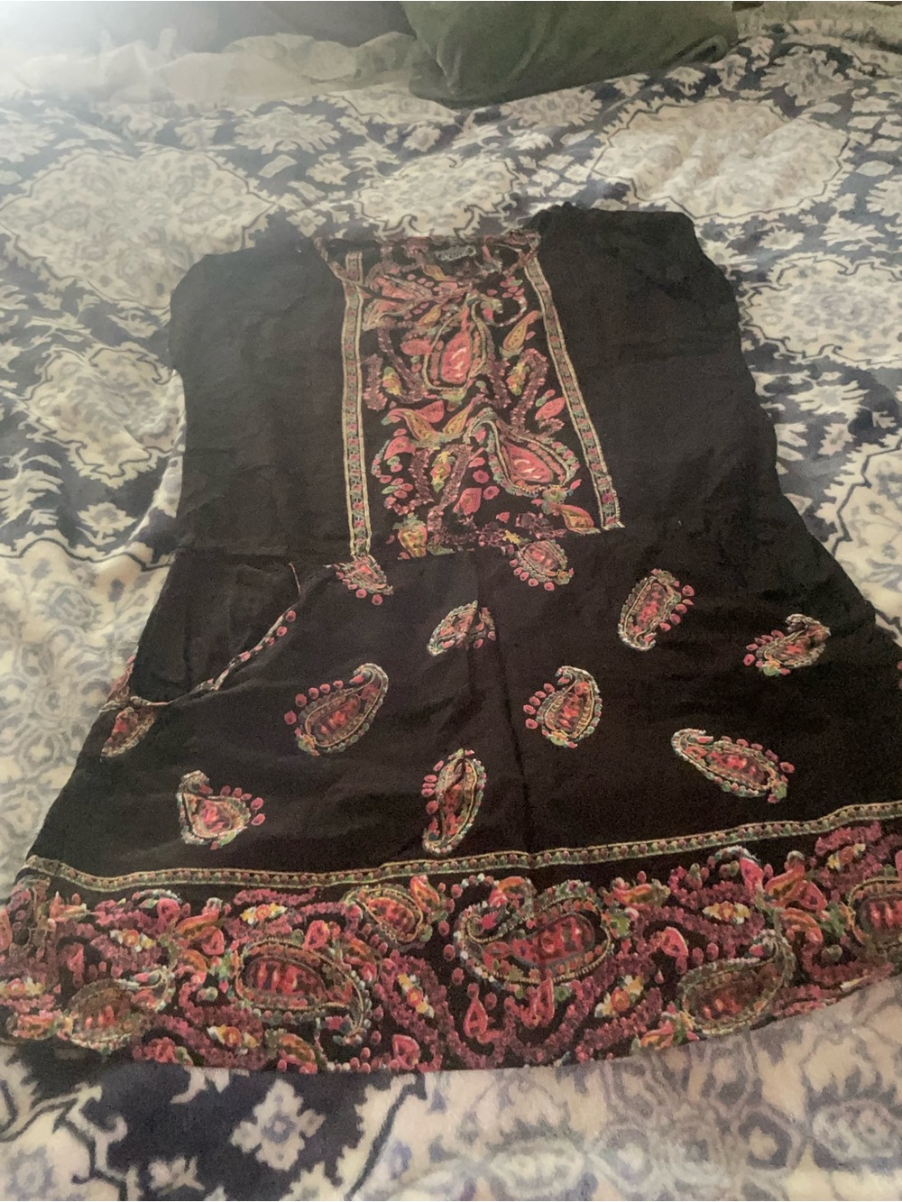 Angie Black Dress with Pink and Green Floral Embroidery